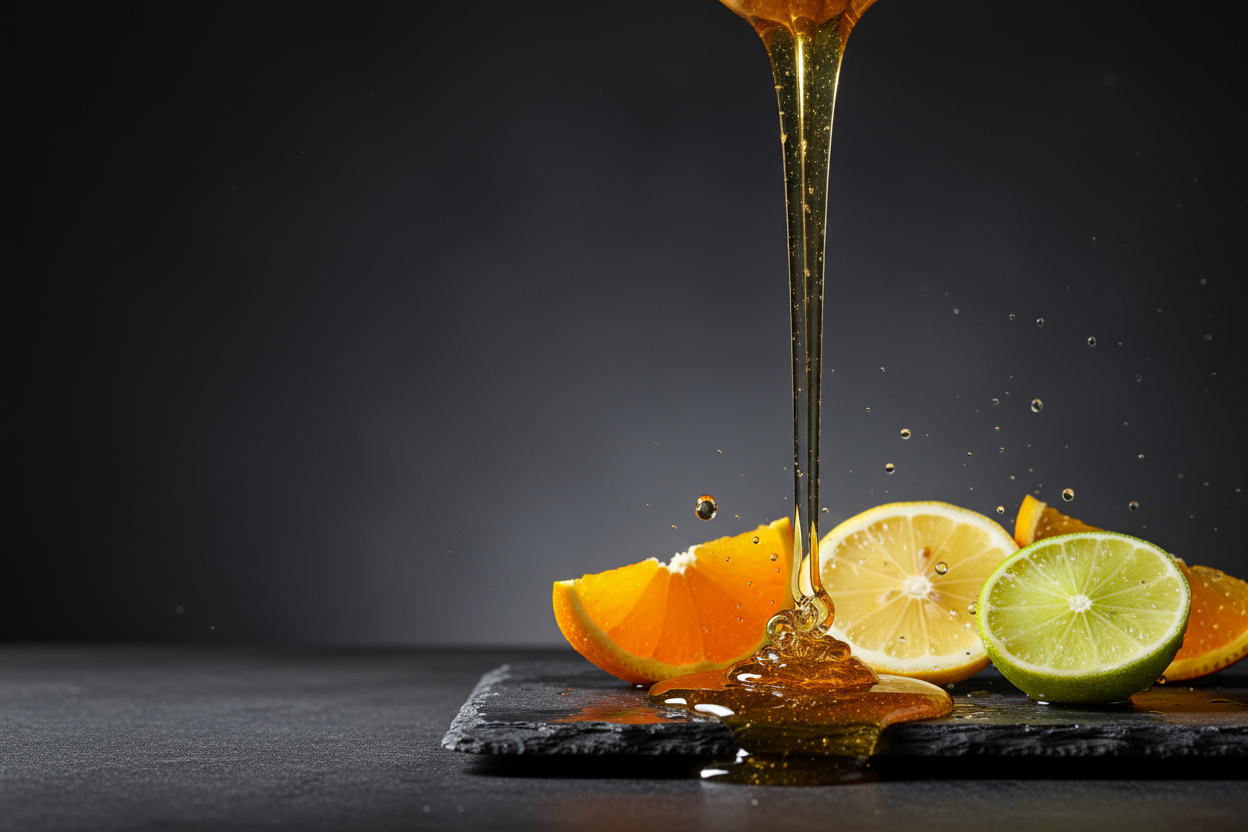 Minimal product branding background with natural honey, citrus, and water textures, clean and professional composition. with a dark background