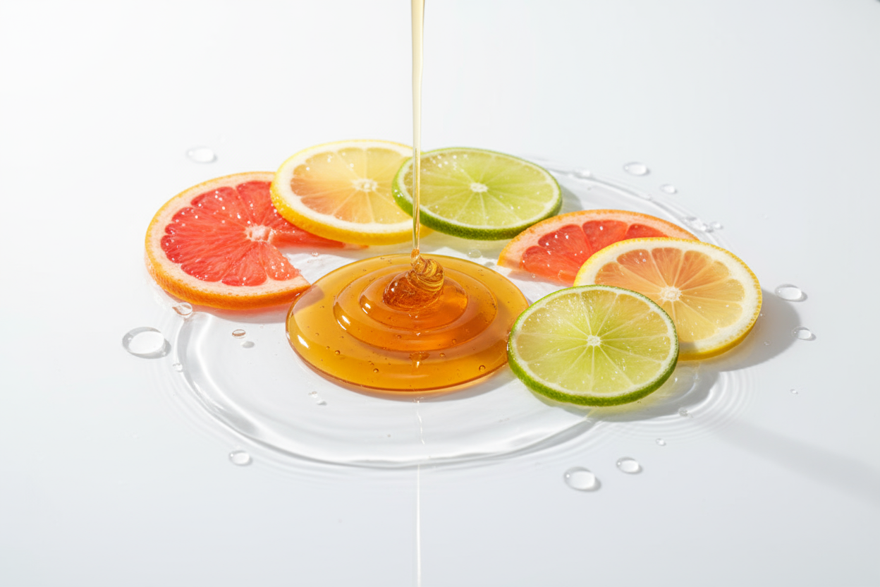 Minimal product branding background with natural honey, citrus, and water textures, clean and professional composition.